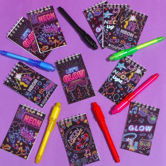 Winrayk 74Pcs Glow in the Dark Party Favors Neon Birthday Supplies Kids, Invisible Ink Pen Mini Notebook Neon Stickers, Pinata Filler Goodie Bag Stuffer Teen Girls Boys Glow in the Dark Party Supplies