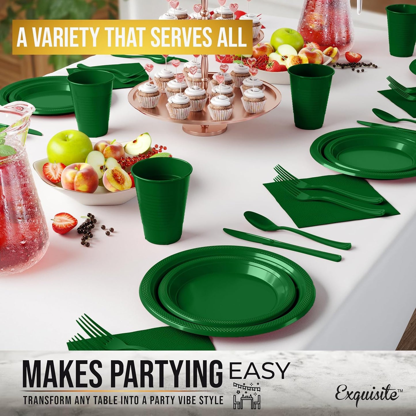 350 Pcs Black Plastic Plates For Party, Black Disposable Plates Set, 50 Of Each 9" Dinner Plate Set, 7" Dessert Plate, Cups, Napkins & Cutlery Plastic Dinnerware Set Exquisite