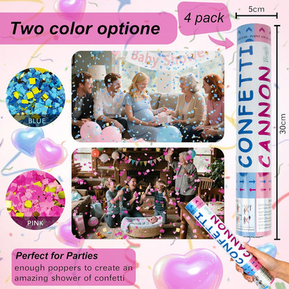 4 Pack Gender Reveal Confetti Cannon, 12 in Blue Rectangle Shaped Paper Party Poppers Cannons, Confetti Poppers For Baby Boy Gender Reveal Baby Showers (Rectangle, Blue)