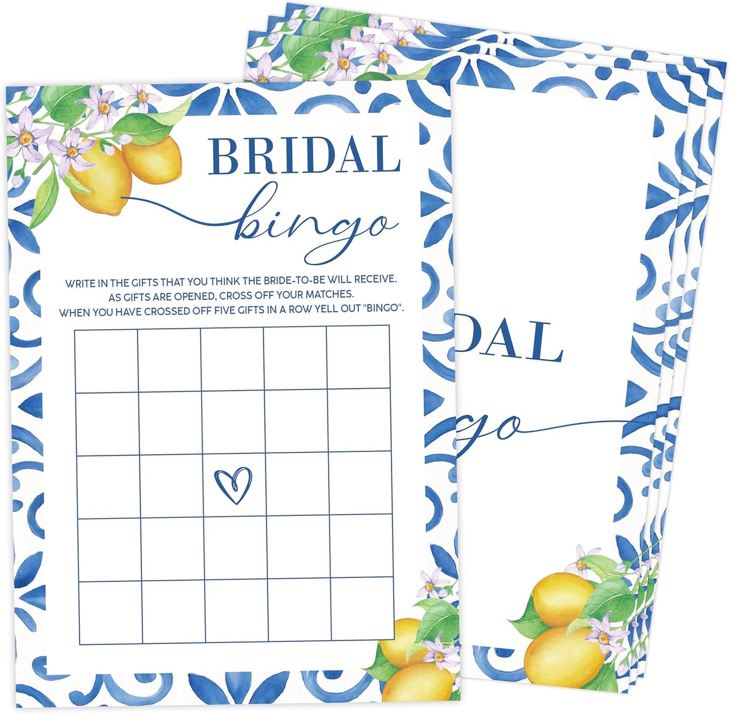 Mediterranean Lemon Bridal Shower Bingo Game with Blank Squares, Pack of 30 Game Cards, Bridal Shower Decorations, Wedding Engagement Decor, Bachelorette Party Supplies - KR30