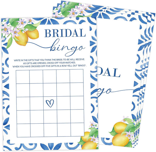 Mediterranean Lemon Bridal Shower Bingo Game with Blank Squares, Pack of 30 Game Cards, Bridal Shower Decorations, Wedding Engagement Decor, Bachelorette Party Supplies - KR30