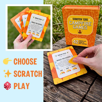 Scratch 'Ems Campfire Games | 42 Scratch Off Cards for Outdoor Summer Fun | Camping Card Games for Kids & Family | Screen-Free Entertainment, Perfect Camping Gifts for Kids & Family