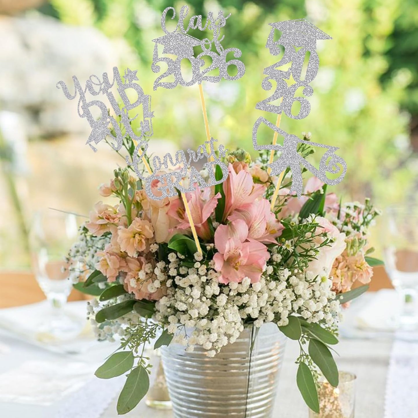 Graduation Centerpiece Sticks 24PCS Glitter Grad Picks Party Table Decor Senior High School College Sign Gold