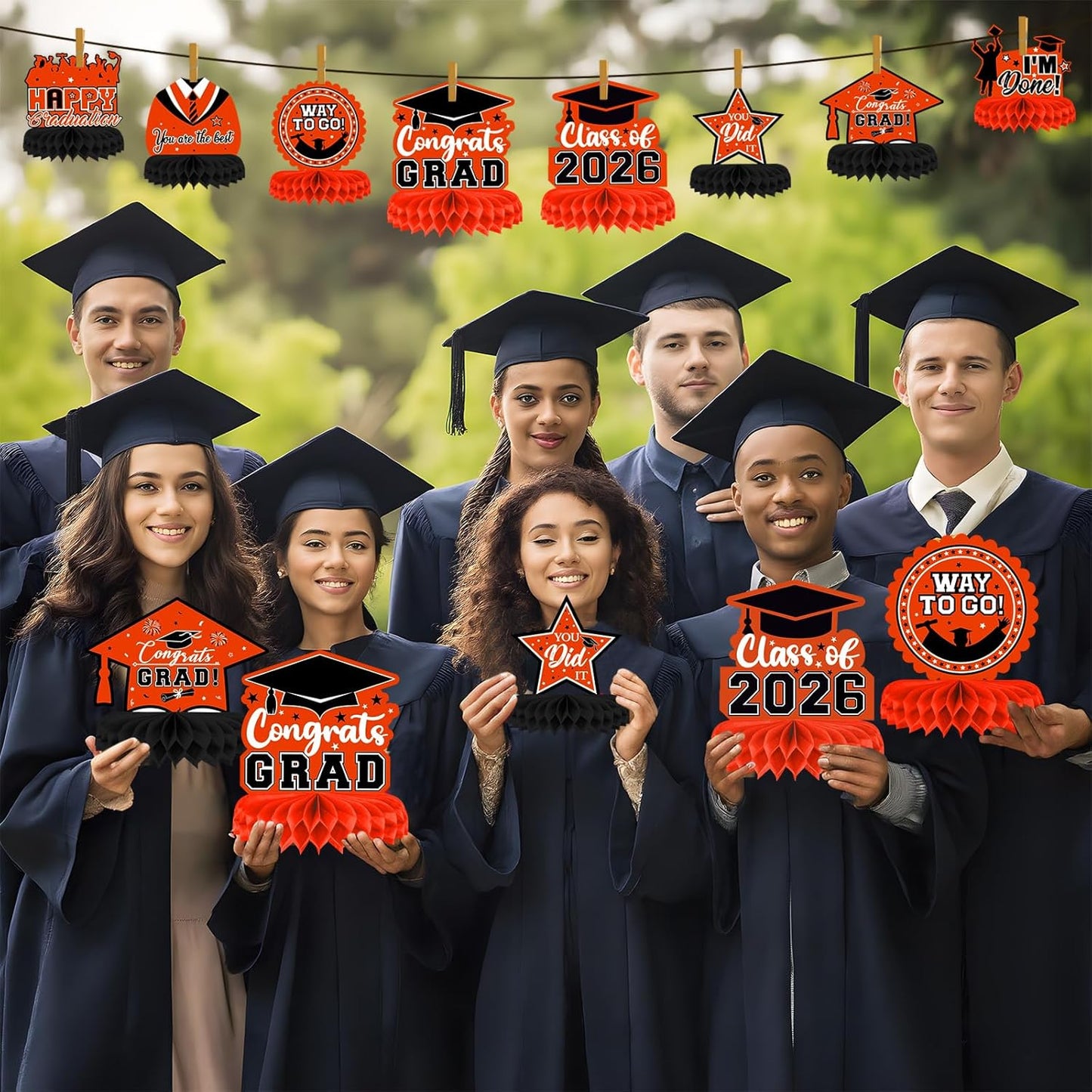 8 Pieces Class of 2026 Graduation Table Decorations - 2026 Congrats Grad Honeycomb Centerpieces, Red Black Graduation Table Toppers Decor for 2026 Graduation Party Decorations Favor Supplies
