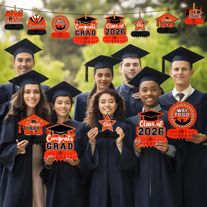 8 Pieces Class of 2026 Graduation Table Decorations - 2026 Congrats Grad Honeycomb Centerpieces, Red Black Graduation Table Toppers Decor for 2026 Graduation Party Decorations Favor Supplies