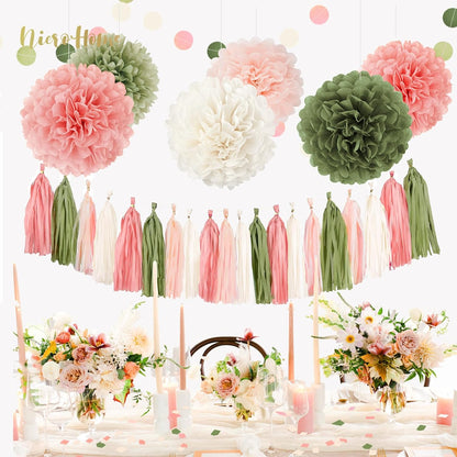 NICROHOME EUR Boho Wedding Decorations, 28PCS Rustic Neutral Creamy White Tissue Paper Pom Poms Tassel, Dots Paper Garland Decor Packages for Baby Shower Birthday Bridal Shower Party Table