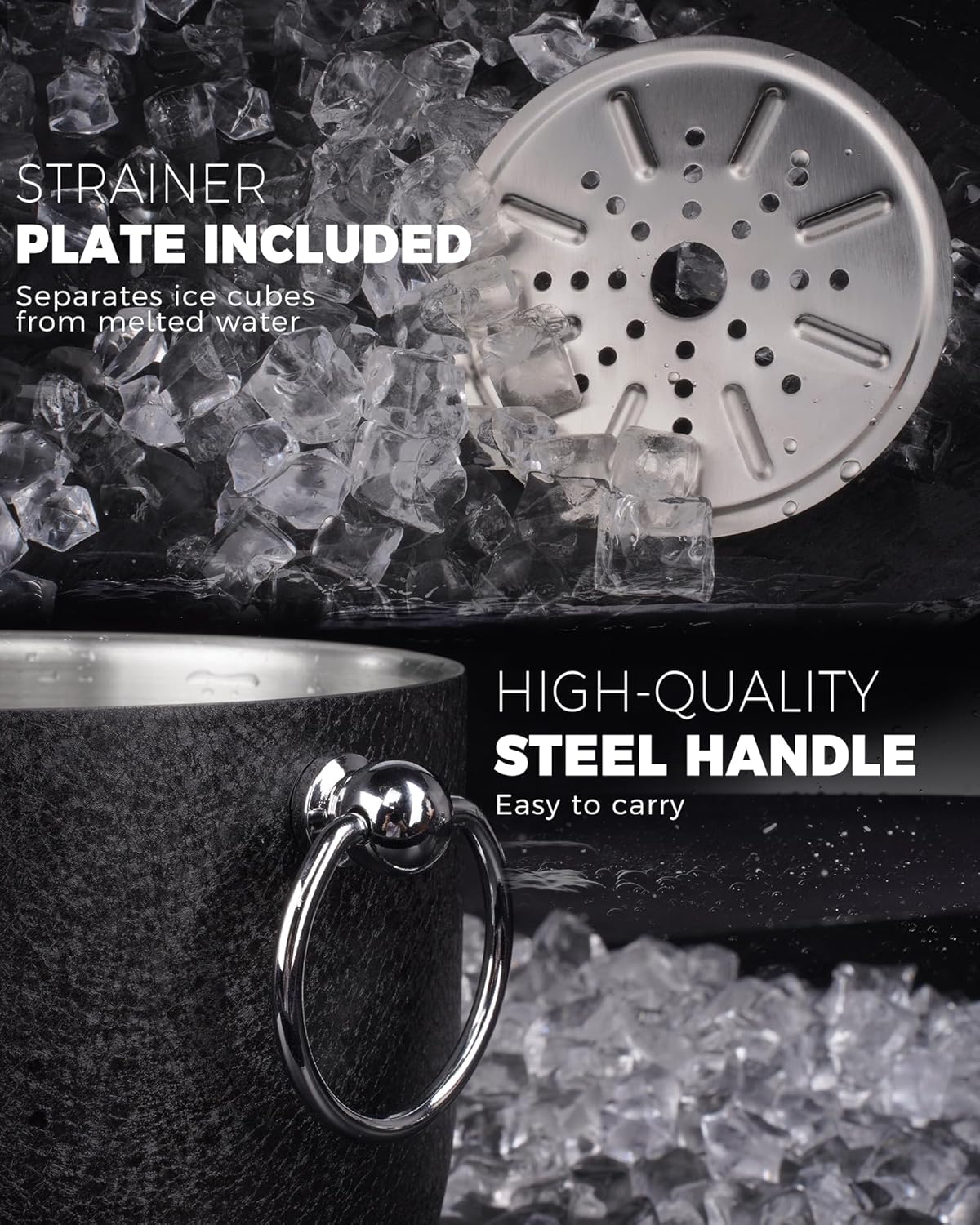 POLIVIAR Ice Bucket, 2.5L Double Wall Ice Bucket with Lid, Stainless Steel Ice Bucket with Tong & Strainer, Ice Bucket for Cocktail Bar, Home & Parties, JX2023-IBLU