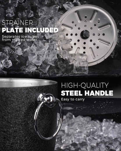 POLIVIAR Ice Bucket, 2.5L Double Wall Ice Bucket with Lid, Stainless Steel Ice Bucket with Tong & Strainer, Ice Bucket for Cocktail Bar, Home & Parties, JX2023-IBLU