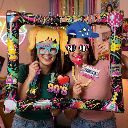 Hawaiian Photo Booth Props & Inflatable Frame, 30Pcs Luau Photobooth Props with Large Inflatable Inflatable Selfie Picture Frame for Summer Tropical Aloha Luau Party Selfie Supplies