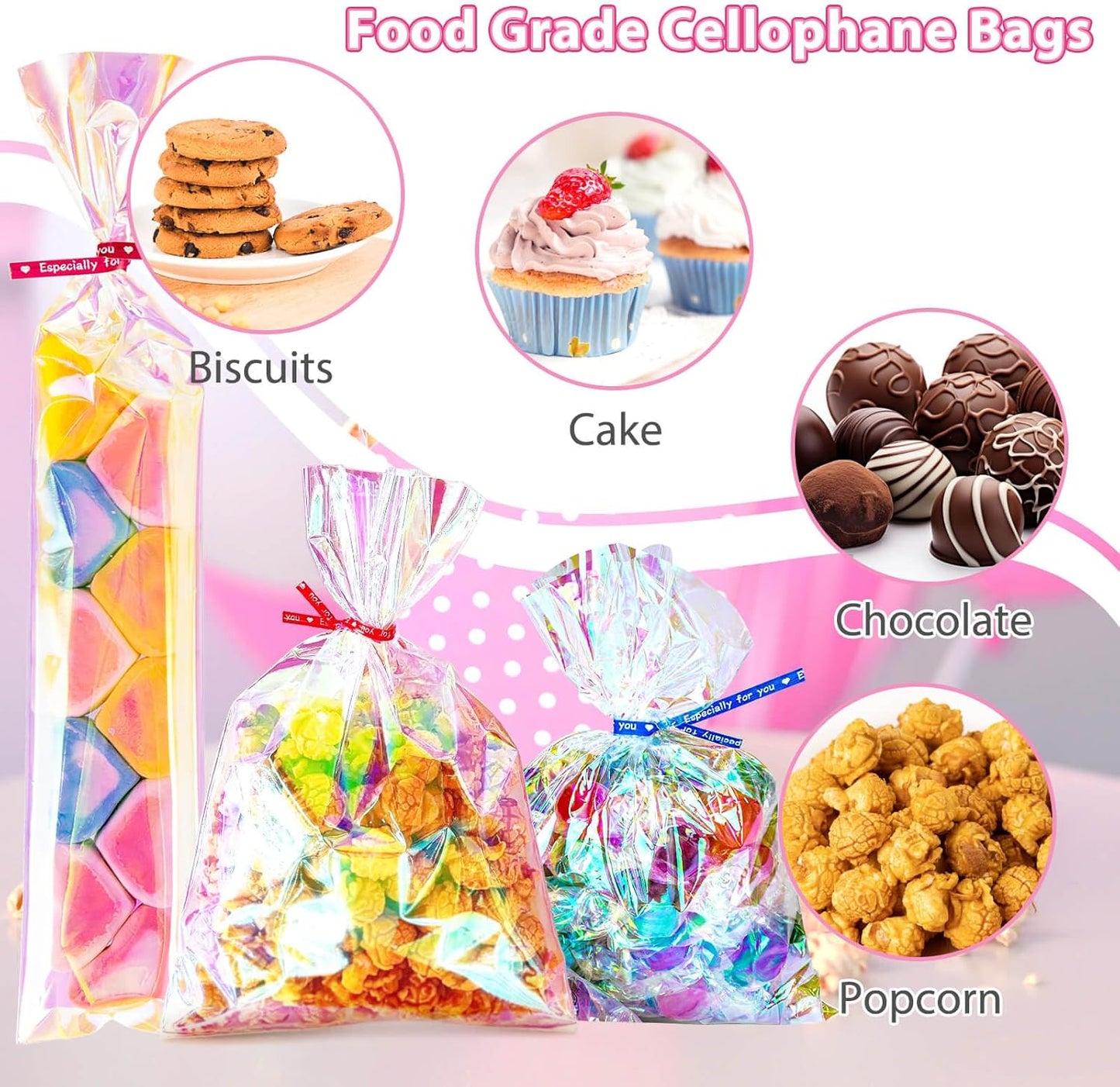 5x7 Inch Iridescent Cellophane Treat Bags with Twist Ties, Treat Bags for Candy Cookie Goodie Chocolates, And Popcorn