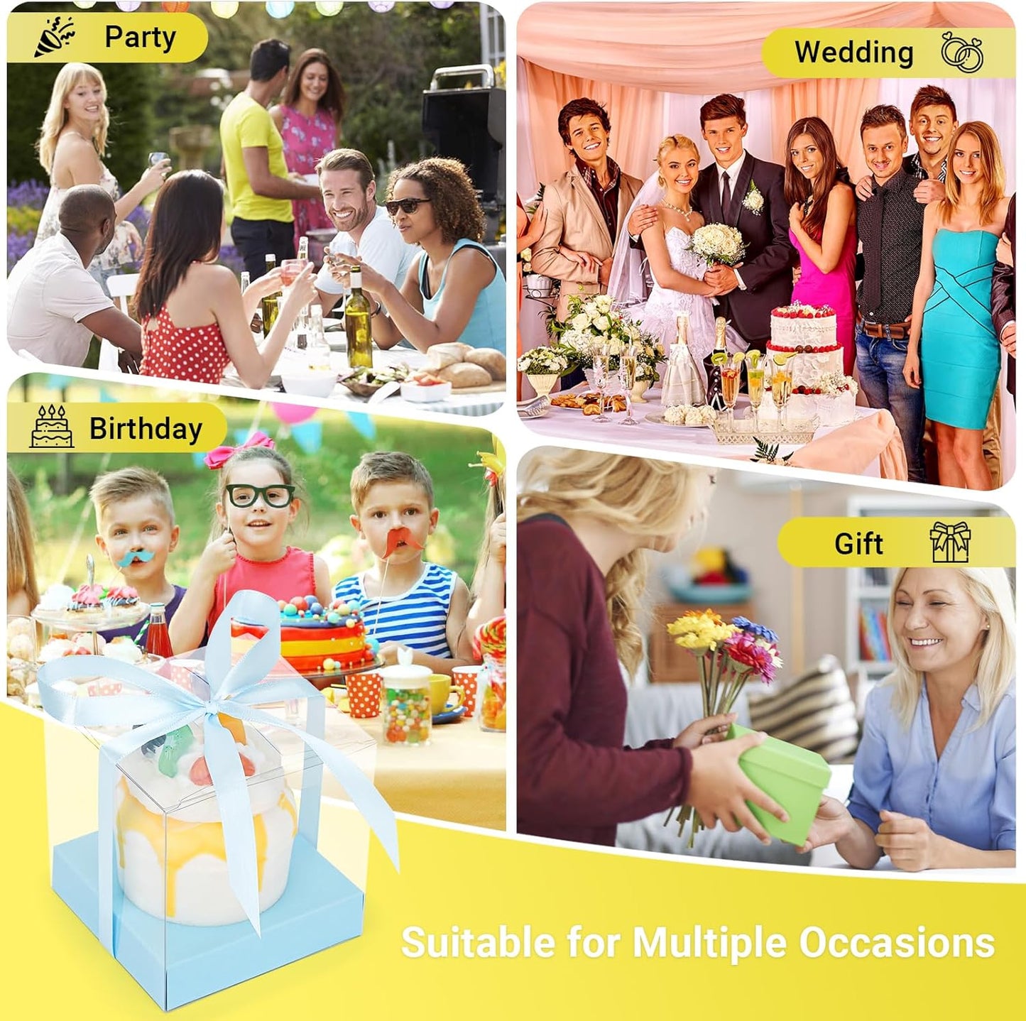 EUSOAR Individual Cupcake Holder, 50pcs 3.5 Inch Plastic Black Cupcake Containers with Lids, Single Transparent Display Clear Cupcake Carrier with Ribbon and Inserts for Wedding Party Favor