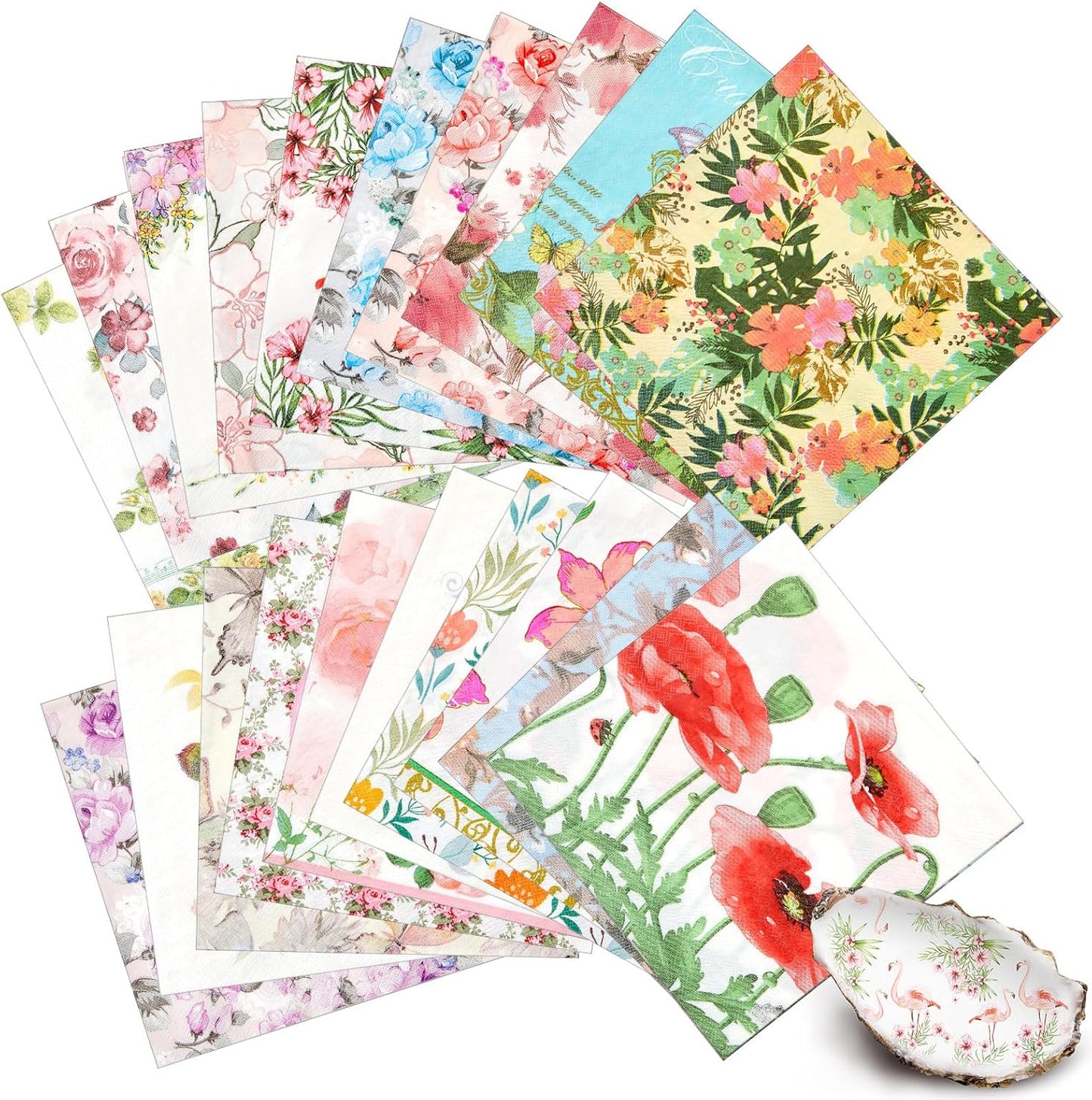 Crtiin 20 Pack Decoupage Napkins Floral Napkins Flower Cocktail Paper Decorative Toilet for Valentine's Day Birthday Party Beautiful Gorgeous, 20 Styles Each 6.5 Inches(Style 1)