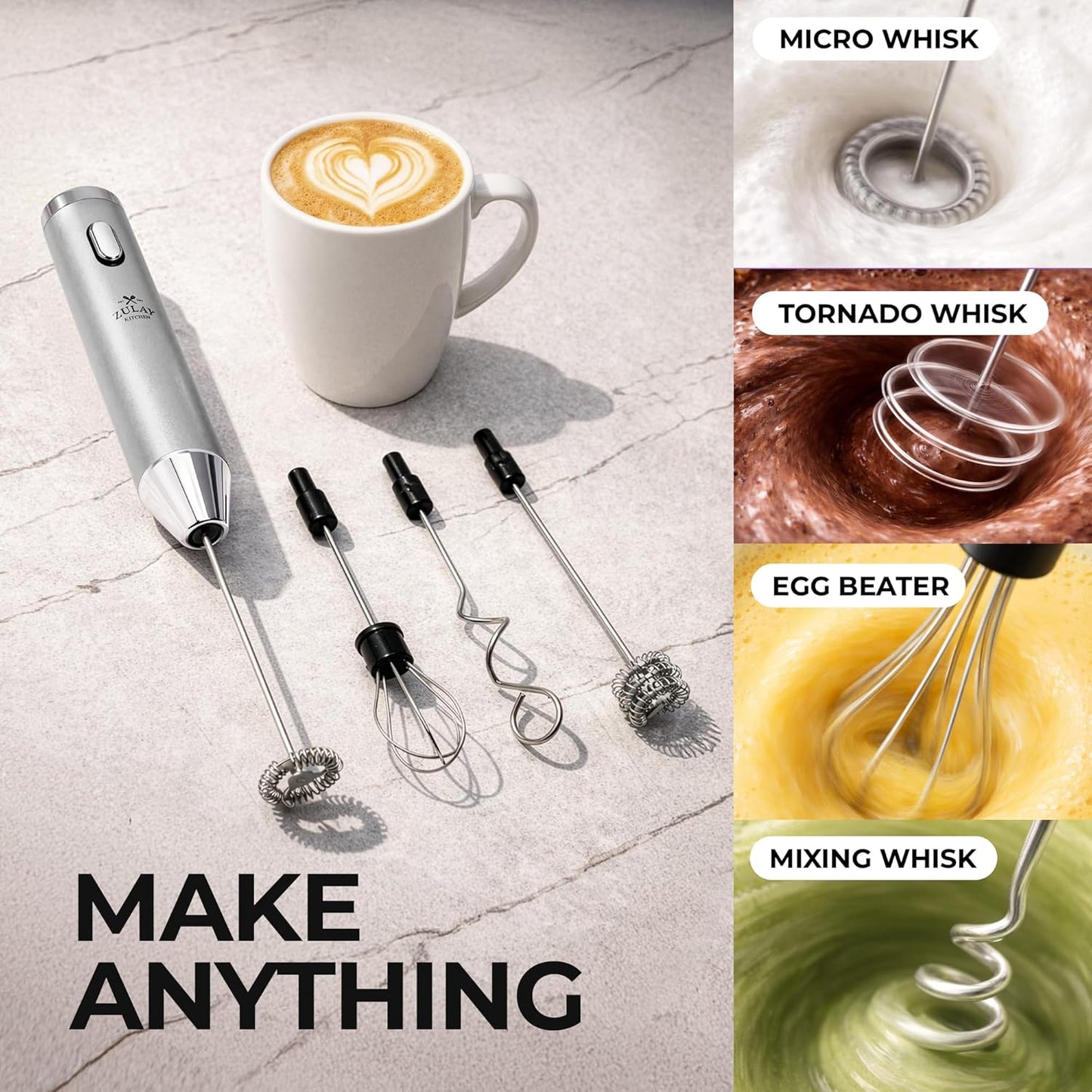 Zulay Kitchen Powerful Milk Frother Wand With Duracell Batteries - Ultra Fast Handheld Drink Mixer - Electric Whisk Foam Maker for Coffee, Lattes, Cappuccino & Matcha - Z1 Motor - Black - Colors D
