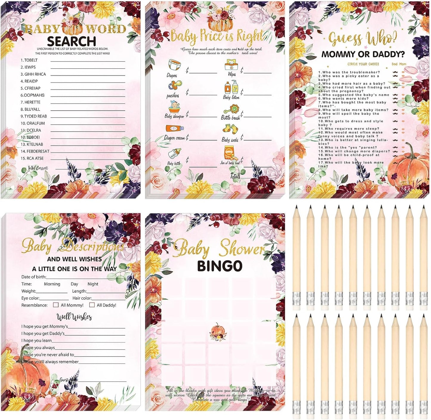Yinder 145 Pcs Baby Shower Games Activities Cards with 20 Pencils Includes Baby Bingo Description and Wishes Guess Who Price is Right Word Scramble Game(Here Comes the Son)