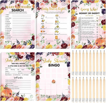 Yinder 145 Pcs Baby Shower Games Activities Cards with 20 Pencils Includes Baby Bingo Description and Wishes Guess Who Price is Right Word Scramble Game(Here Comes the Son)