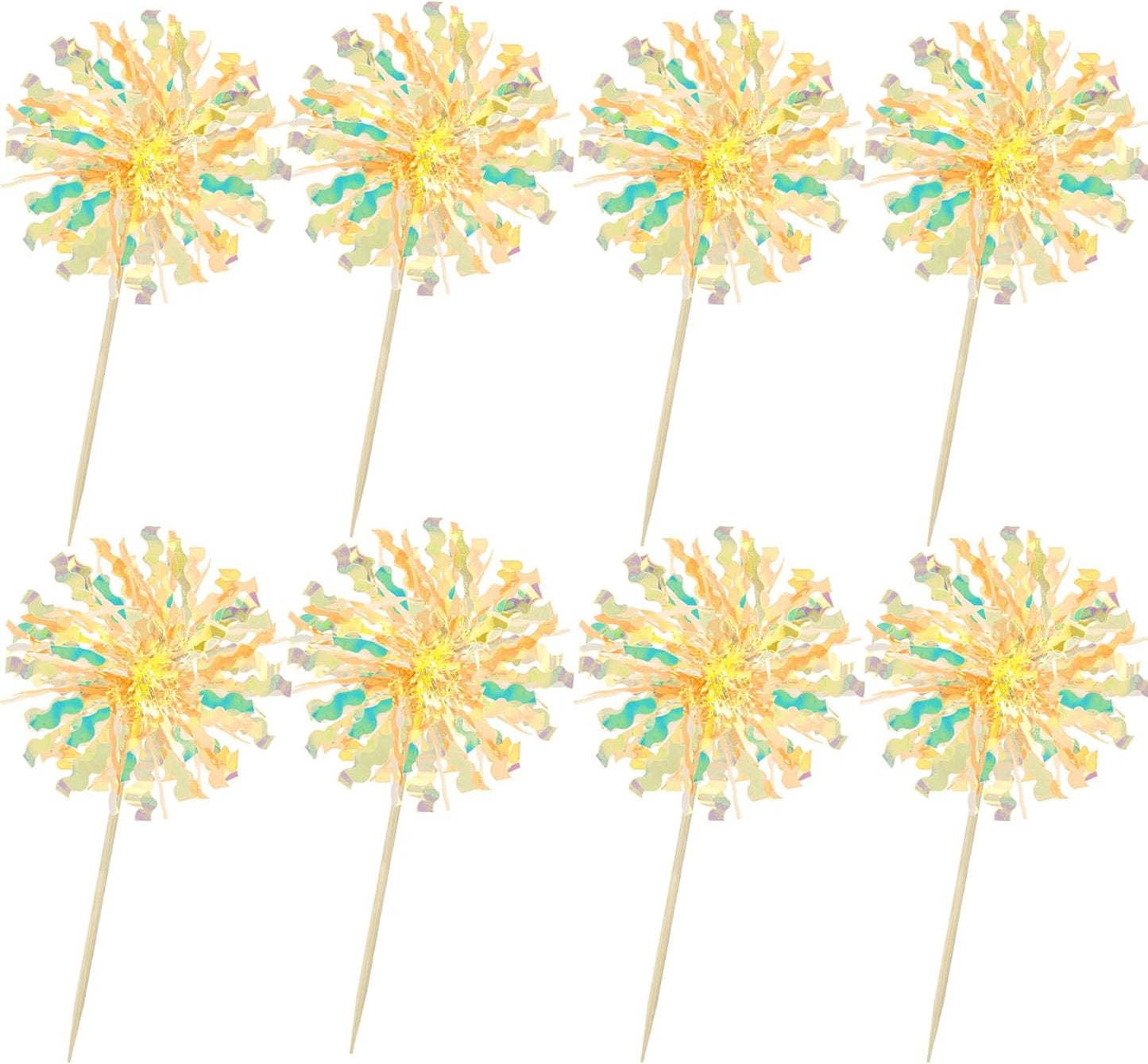 Ephlyn 30Pcs Foil Firework Cupcake Toppers Sparkle Tinsel Cupcake Picks Drink Stirrers Cocktail Food Fruit Toothpicks for Baby Shower Graduation Party Supplies White