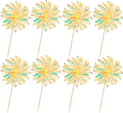 Ephlyn 30Pcs Foil Firework Cupcake Toppers Sparkle Tinsel Cupcake Picks Drink Stirrers Cocktail Food Fruit Toothpicks for Baby Shower Graduation Party Supplies White