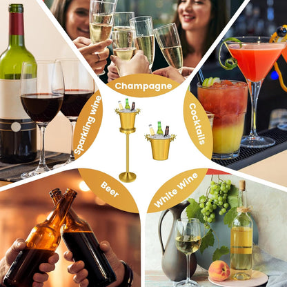Ice Bucket with Stand,Gold Stainless Steel Champagne Ice Bucket,Deer Head Handle Wine Chiller Bucket for Christmas Wedding Bars,5L Wine Bucket on Stand for Cocktails Beer Sparkling Wine