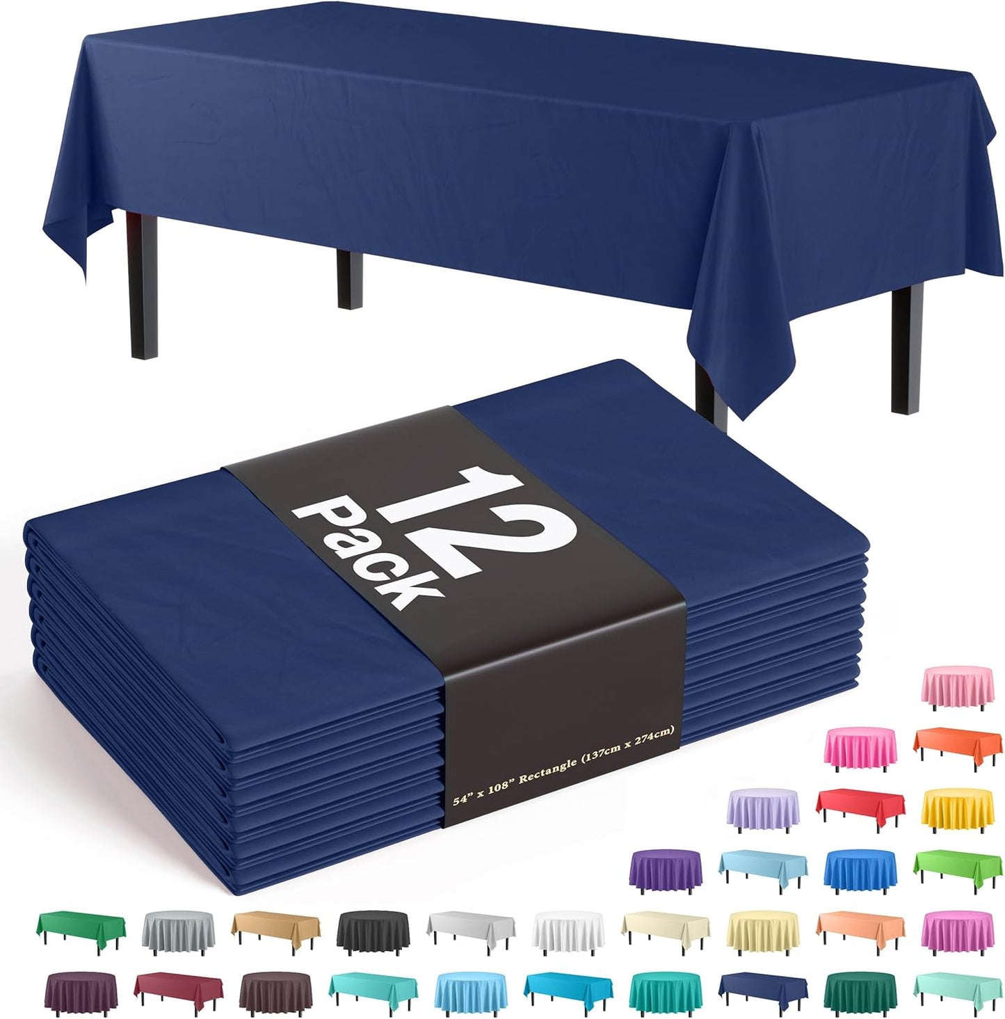 12-Pack Premium Plastic Tablecloth 54in. x 108in. Rectangle Table Cover - Dark Blue - Colors B