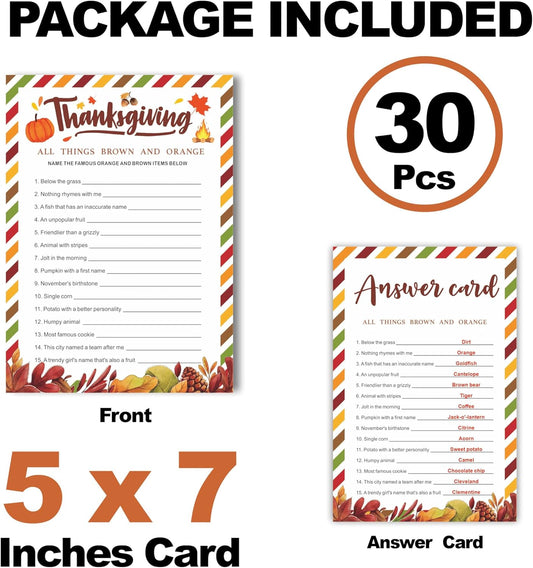 Thanksgiving Scavenger Hunt Game Set, 30 Harvest Stripes Theme Double-Sided Game Cards for Thanksgiving Parties, Family, Friends & Classroom Activities -B04