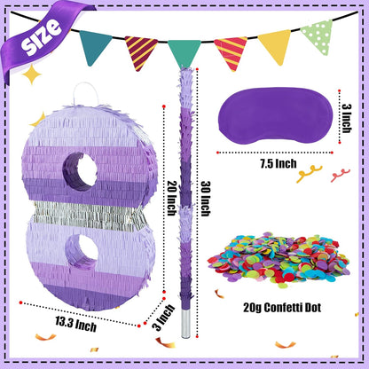 PCFING 20 Inch Number 1 Piñata Purple Silver with 30 Inch Piñata Stick Blindfold Confetti for Boy Girl Kids Birthday Party Decorations, Anniversary Celebration, Fiesta