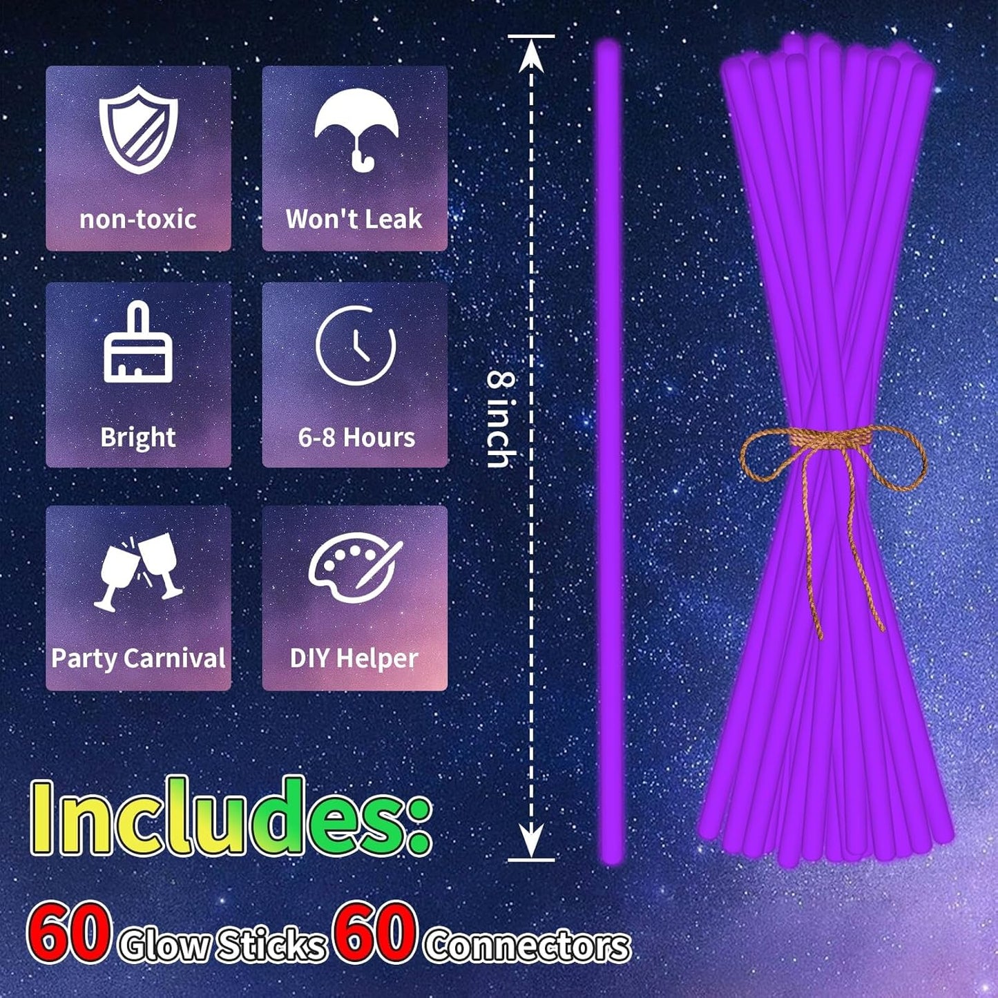 60 Pack 8” White Glow Sticks Bulk with 60 Connectors Neon Glow In The Dark Party favors Supplies for Holiday Birthday Party Decoration (White)
