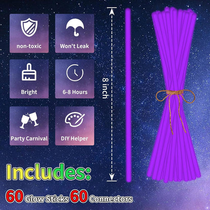 60 Pack 8” White Glow Sticks Bulk with 60 Connectors Neon Glow In The Dark Party favors Supplies for Holiday Birthday Party Decoration (White)