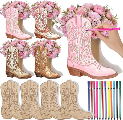 Dunzoom 8 Set DIY Western Cowboy Boots Flower Boxes Crafts Western Cowgirl Centerpiece for Table Cowboy Boot Scratch Art Kit Cowgirl Flower Boxes to Paint Wedding Birthday Party Supplies(Brown)