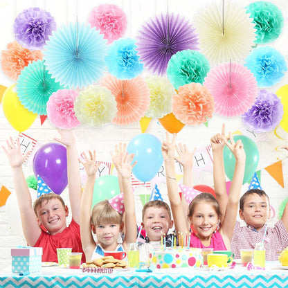 Kosiz 18 Pcs Pastel Rainbow Party Decorations Pastel Paper Fans 3D Floral Tissue Pom Poms Pink Hanging Paper Flowers Garland Classroom Home Wall Decor Birthday Baby Shower Bridal Wedding Supplies