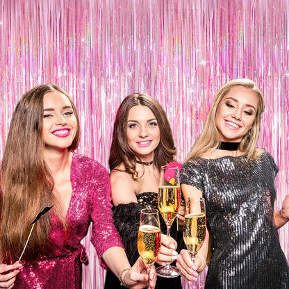 2 Pack Shiny Silver Tinsel Foil Fringe Curtains, 3.3ft x 6.6ft Iridescent Streamers Party Photo Backdrop for Birthday, Wedding, Engagement, Bachelorette Party Decoration