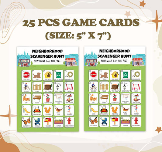 Neighborhood Scavenger Treasure Hunt Games for Family Friend, Outdoor Scavenger Hunts Game Card Set, Find and Seek Street Garden Yard Park Games, Holiday Party Supplies Favors, 25 Game Cards, c02