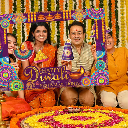 KYMY Happy Diwali Party Photo Booth Props Set, 1pc Deepavali Rangoli Selfie Frame with 20pcs Photo Booth Props, India Festival of Lights Party Favors for Hindu Diwali Themed Decorations Supplies