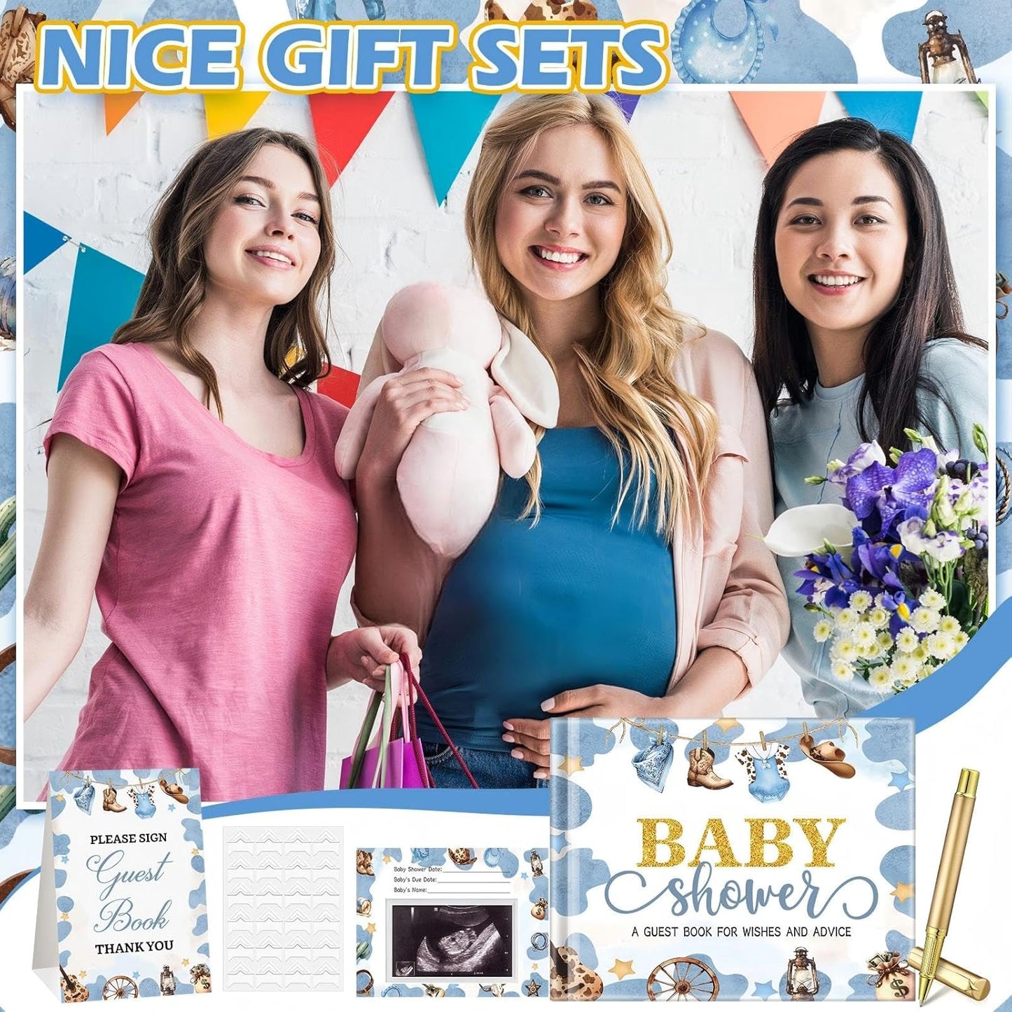 Fuyoooo 27 Pcs Safari Animal Baby Shower Guest Book Set Baby Shower Sign in Guest Floral Book Place Table Cards with Gold Pen Adhesive Photo Corner for Birthday Party