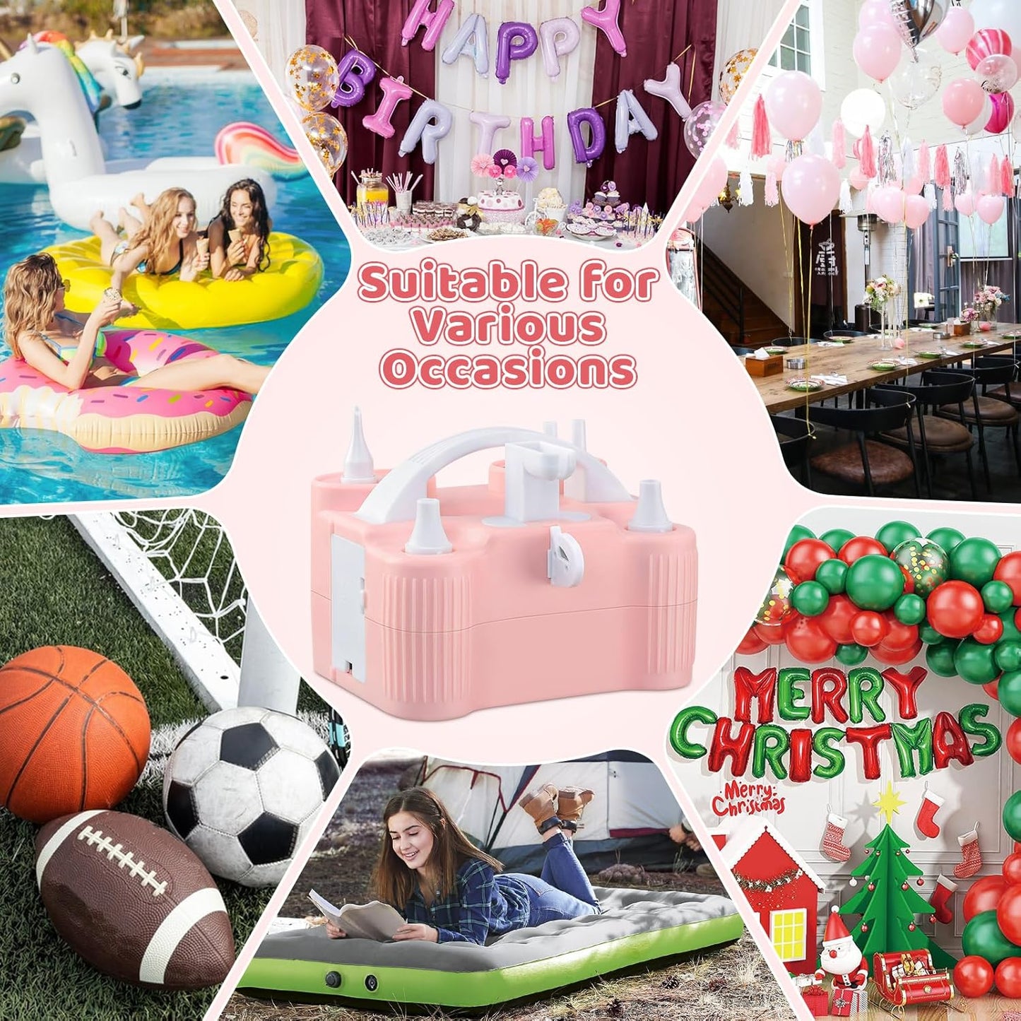 4-in-1 Electric Balloon Pump for All Balloons,Portable Dual Nozzle 600W Air Pump for Balloons,High Power Balloon Blower for Latex Foil 260q Mylar Balloon,Inflation Pool Float and Sports Balls