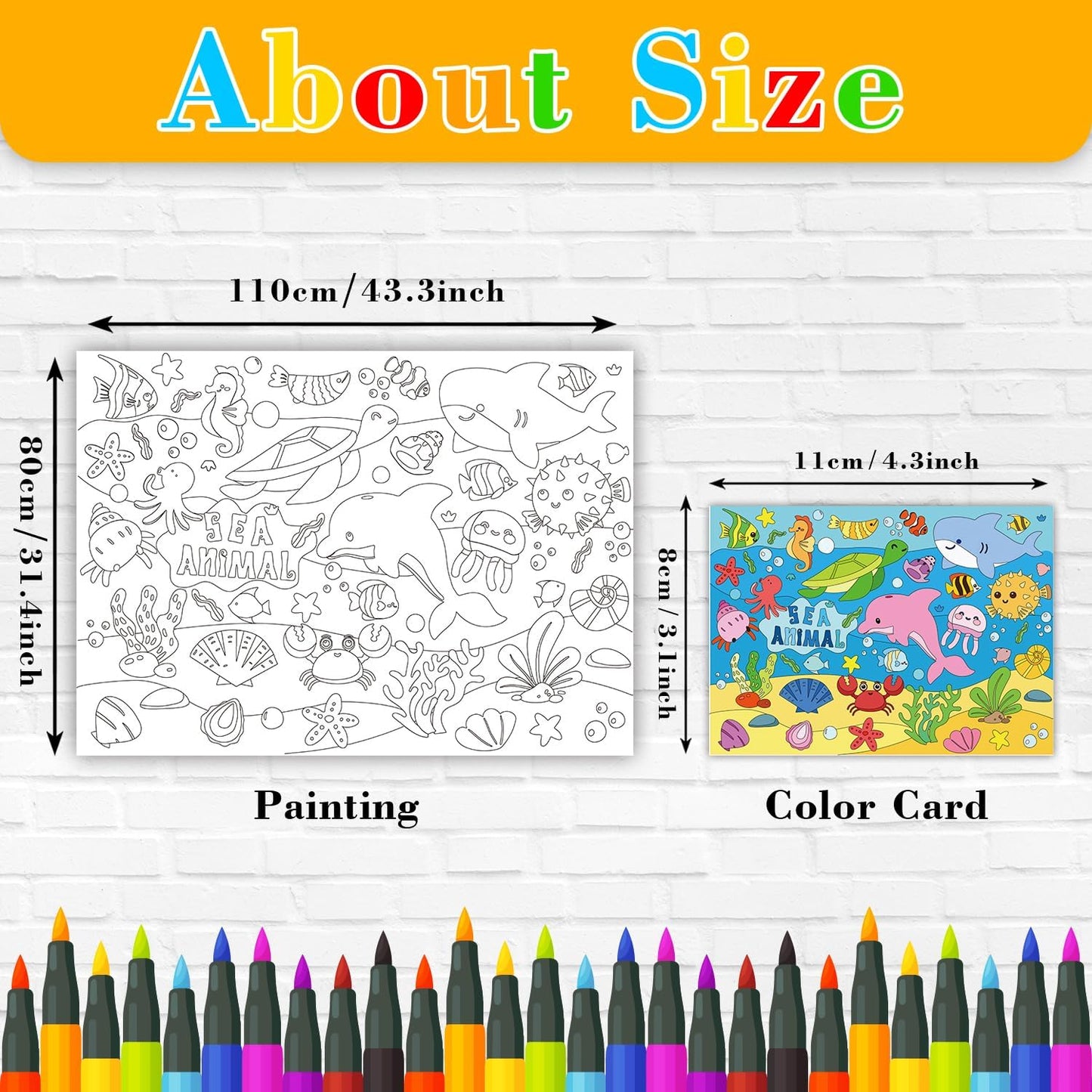 43.3x31.5 Summer Coloring Poster with Picture, Giant Cute Painting Poster, Large Coloring Tablecloth for Classroom Home Birthday Party Supplies Favor