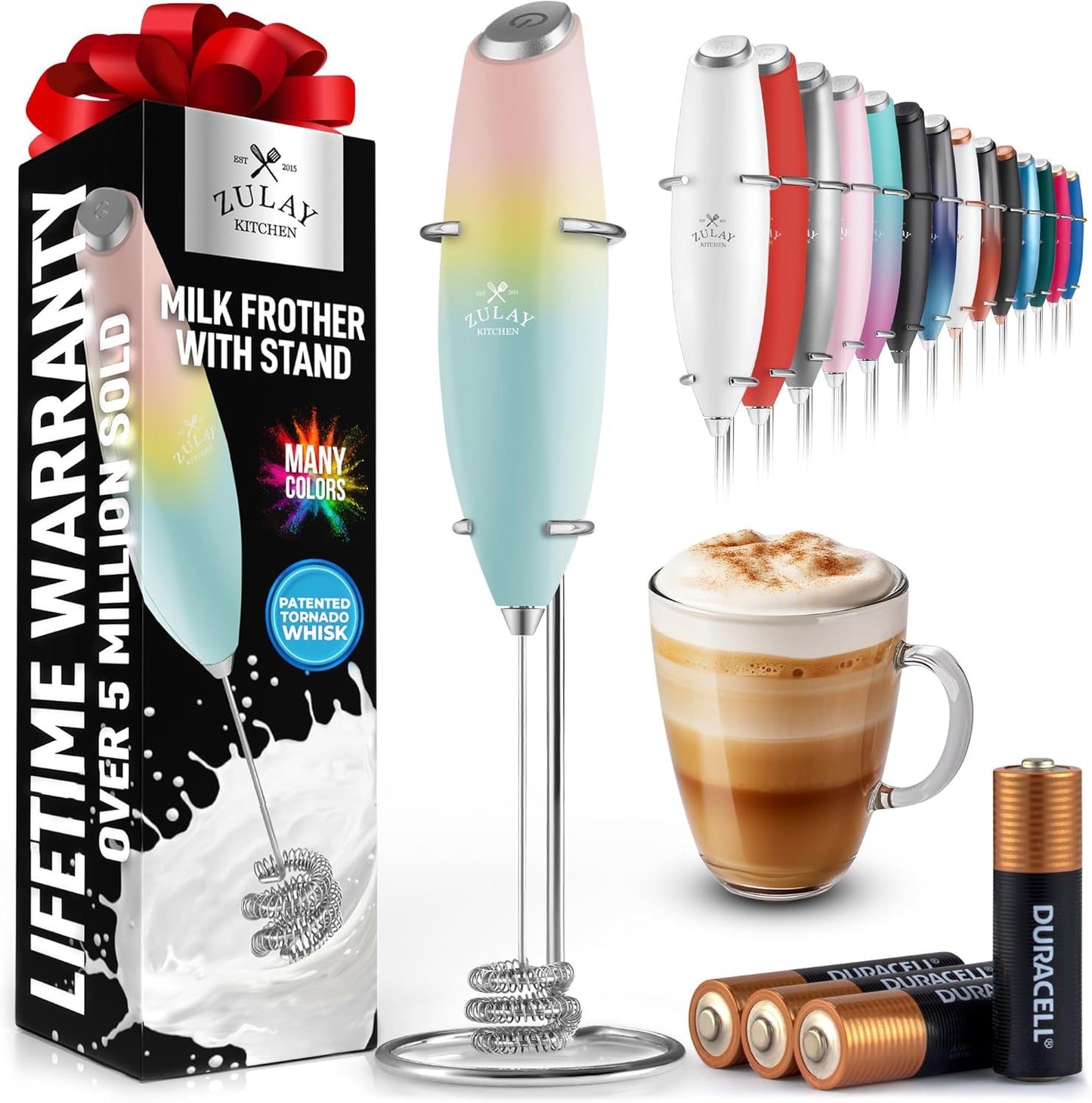 Zulay Kitchen Powerful Milk Frother Wand With Duracell Batteries - Ultra Fast Handheld Drink Mixer - Electric Whisk Foam Maker for Coffee, Lattes, Cappuccino & Matcha - Z1 Motor - Black - Colors D