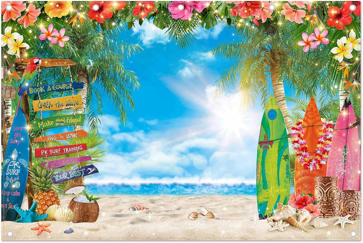 7x5ft Summer Hawaiian Beach Photography Backdrop Tropical Flower Palm Leaves Surfboard Background for Luau Aloha Party Decoration Banner Photo Booth