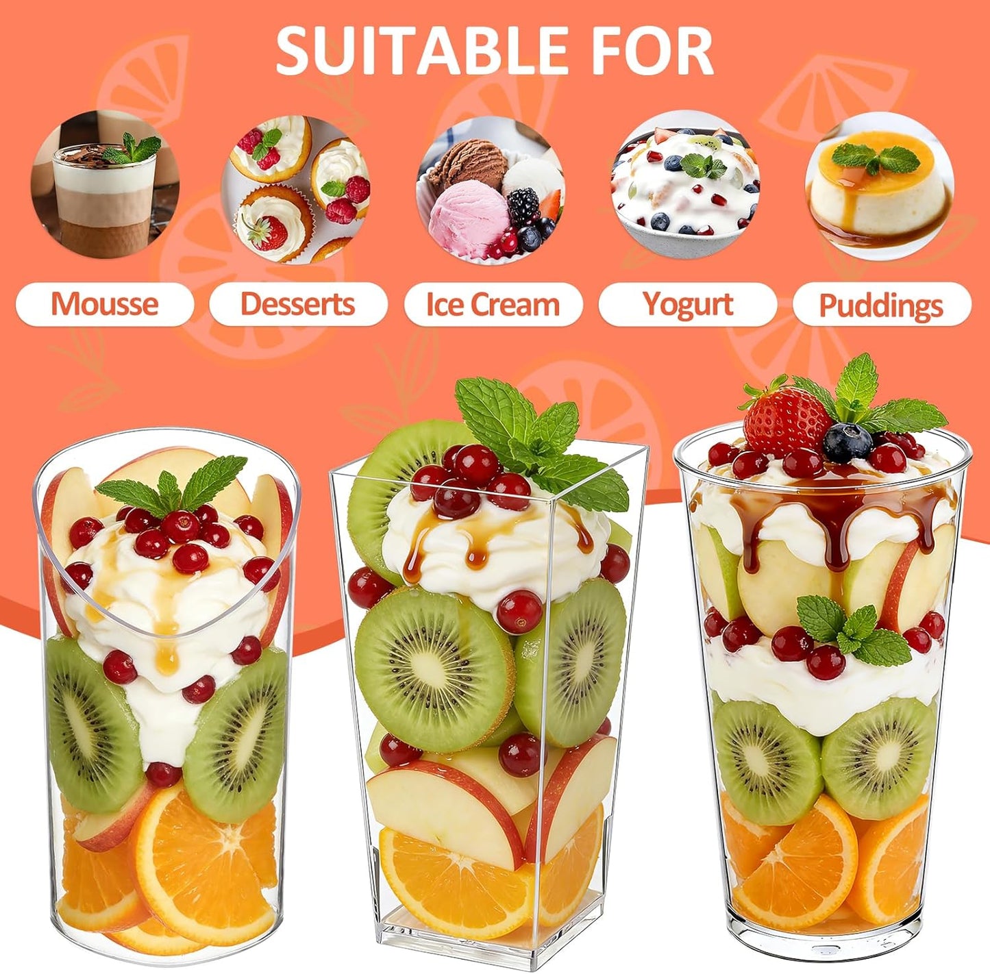 Eupako 3 oz Plastic Dessert Shooter Cups with Spoons - 100 Pack Mini Clear Slanted Appetizer Cup, Small Dessert Cup for Jello Shots, Parfait, Puddings, Mousse