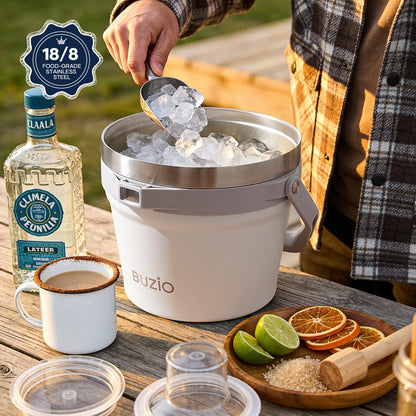 BUZIO 7 L Ice Bucket for Parties with Lid and Scoop & Tongs, Vacuum Insulated Stainless Steel Ice Buckets with Handle and Adjustable Shoulder Strap, Large Beverage Bucket for Cocktail Bar, Blue