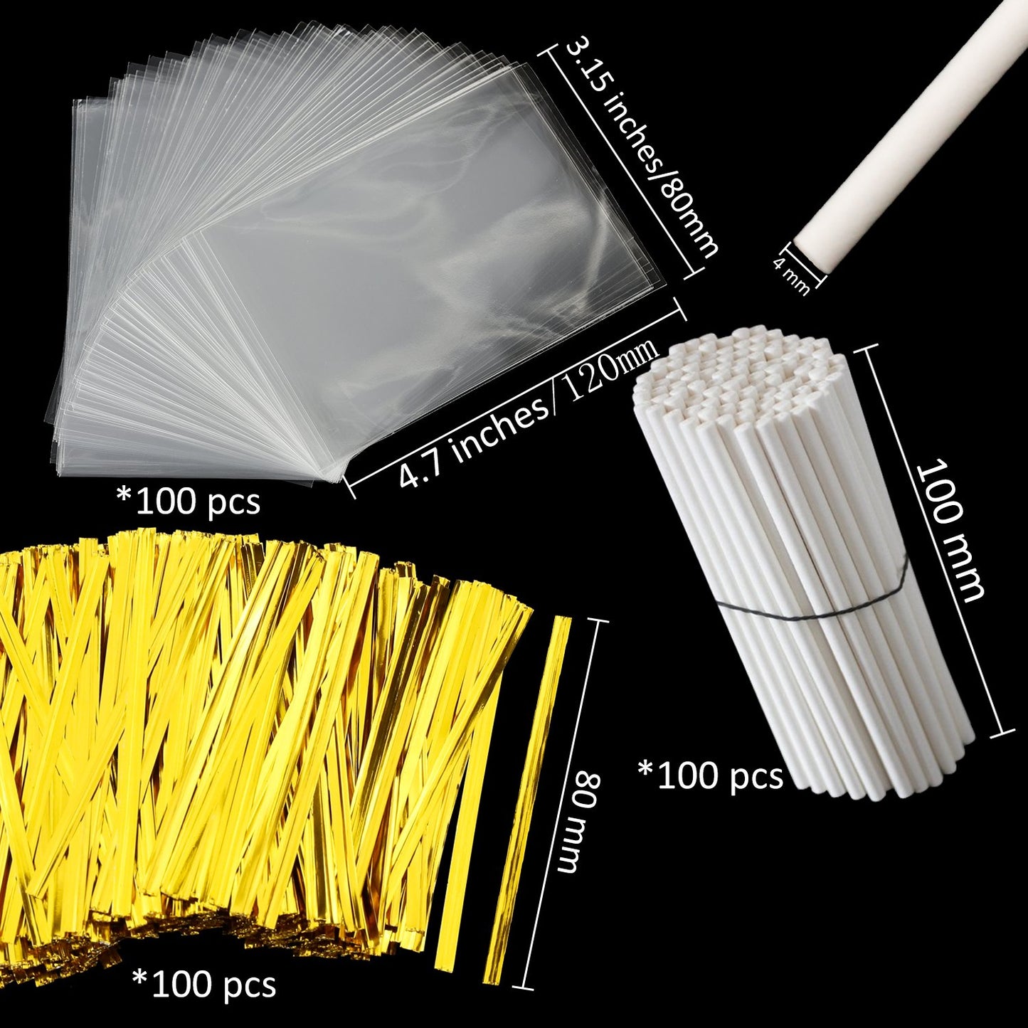 Augshy 300Pcs 6 Inch Cake Pops Making Tools - 100Pcs Cake Pop Sticks, Bags and Twist Ties