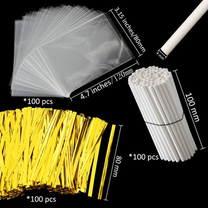 Augshy 300Pcs 6 Inch Cake Pops Making Tools - 100Pcs Cake Pop Sticks, Bags and Twist Ties