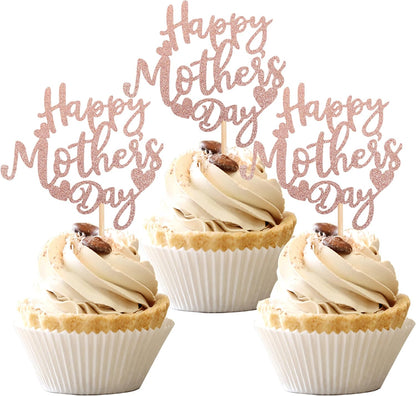 24 PCS Happy Mother's Day Cupcake Toppers with Glitter Heart Love Mother Best Mom Cupcake Picks for Happy Mother's Day Theme Women Birthday Party Cake Decorations Supplies Rose Gold