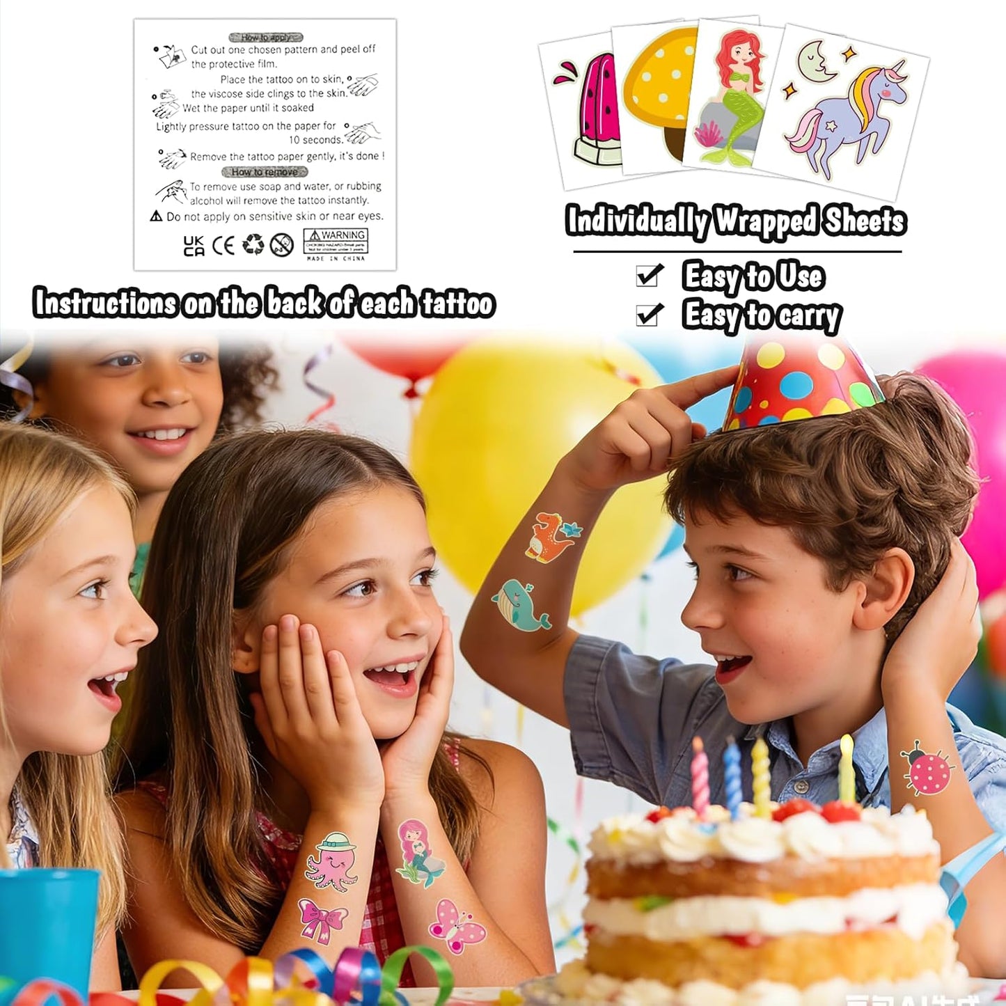 Partywind 408 PCS Kids Tattoos for Party Supplies, Individually Wrapped Sheet Temporary Tattoos Stickers for Kids Goodie Bag Stuffers, Fun Birthday Party Favors - Mixed