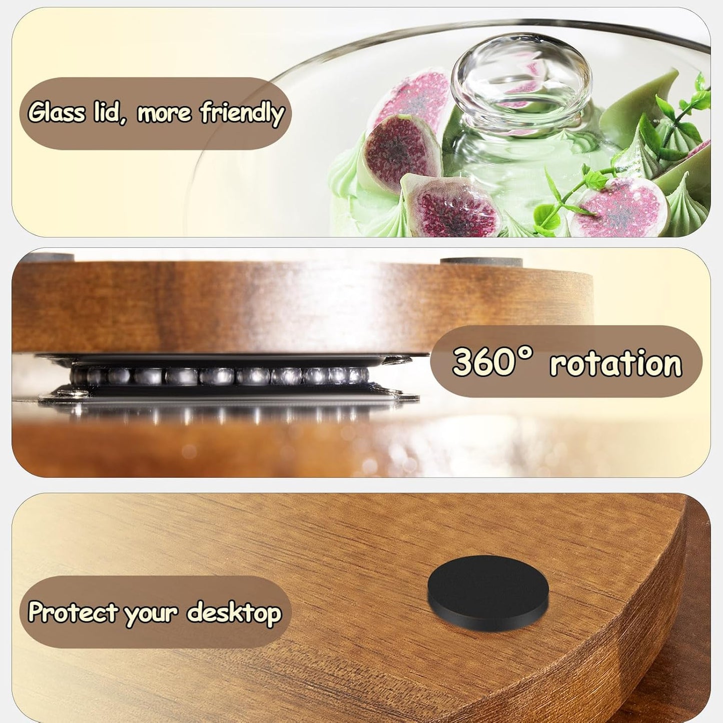 Yangbaga Glass Cake Stand with Lid,11in Wooden Rotating Cake Stand with Dome Cover, Cake Plate Display Server Tray for Birthday Kitchen Party