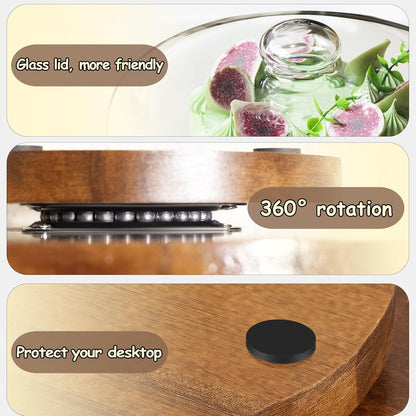 Yangbaga Glass Cake Stand with Lid,11in Wooden Rotating Cake Stand with Dome Cover, Cake Plate Display Server Tray for Birthday Kitchen Party
