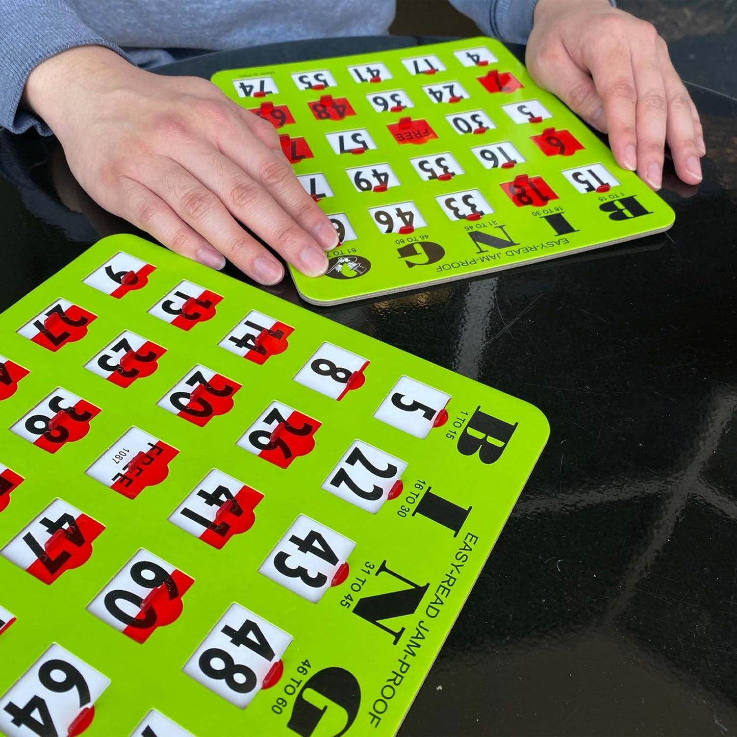 MR CHIPS Jam-Proof Easy-Read Large Print Fingertip Bingo Cards with Sliding Windows - Green 10 Pack - for Seniors, Nursing Homes & Large Groups