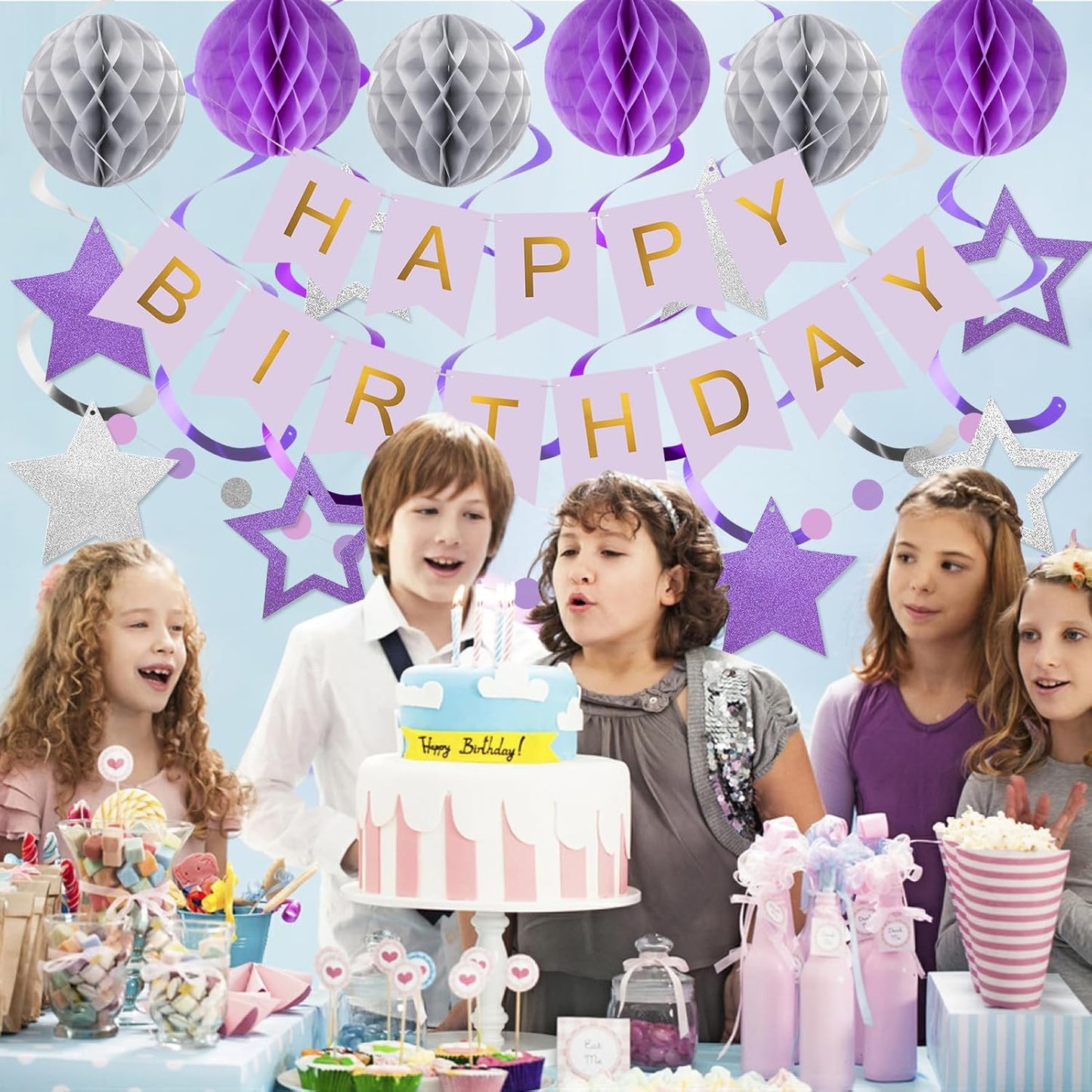 meowtastic Birthday Decorations, Happy Birthday Banner with Honeycomb Balls, Stars Hanging Swirl Streamers, Circle Dots Garland, Happy Birthday Party Decorations for Women Men Boys Girls (Blue)