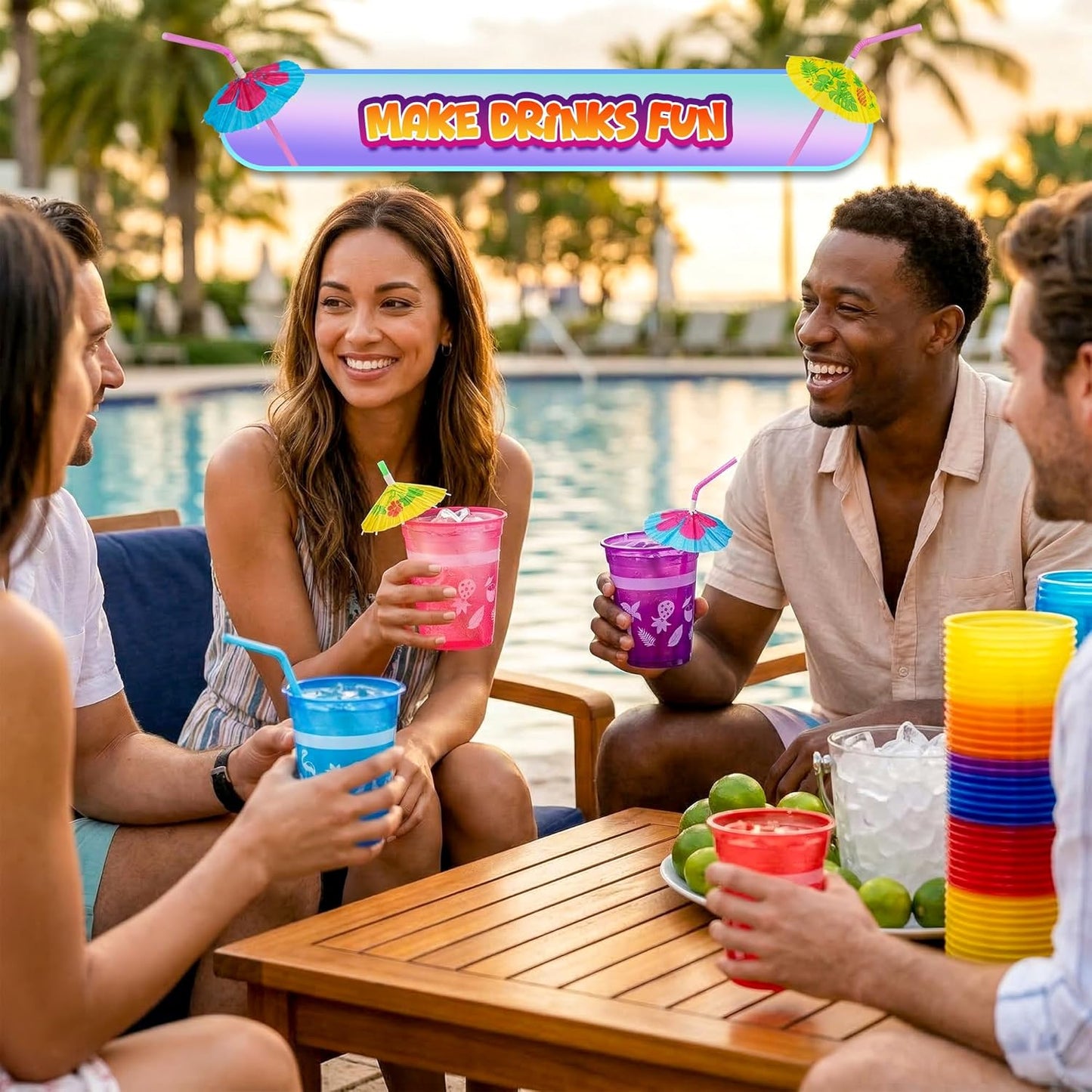 4E's Novelty 48 Packs Tropical Party Cups with Parasol Straws - Disposable Plastic Cups 16oz BPA free, for Hawaiian Luau Party and Pool Parties, Beach Theme Birthday Decorations for Kids & Adults