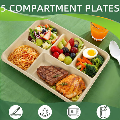 WELLIFE 100% Compostable 5 Compartment Paper Plates, 100 Pack Disposable School Lunch Trays Divided Plates for Adult Youth, 12.5 * 8.6 inch Heavy Duty Eco-Friendly Bagasse Plate for Buffet and Party