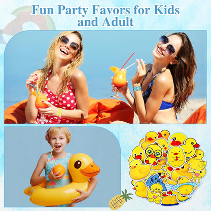Realspring 122 Pcs Duck Party Favors 24 Pcs Mini Rubber Duck Slap Bracelets Stickers White Organza Bags Cute Gifts Supplies for Birthday Shower Prizes Decorations